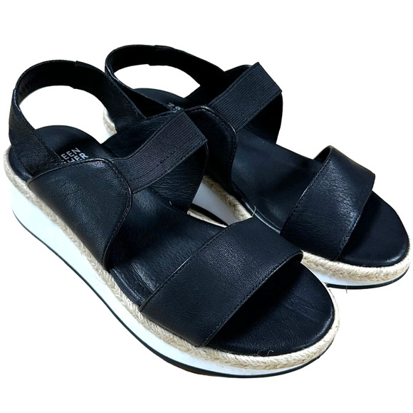 Eileen Fisher NWOB Dash Wedge Slip On Slingback Sandal Black Size 7.5 Open Toe - Picture 2 of 9